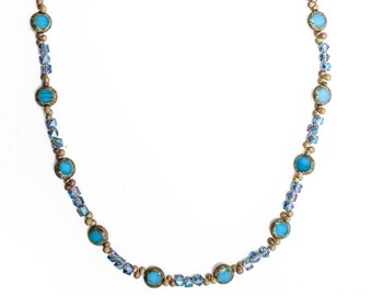 Blue River colored Czech Flat Disc beads with Czech Fringe beaded Necklace