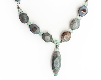 Aqua Gray Agate with double neck weave made of Czech Stone crystal beaded necklace