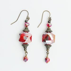 Earrings-Ruby and iridescent Czech Crystal with dangle, small Czech glass beads  on bronze hardware