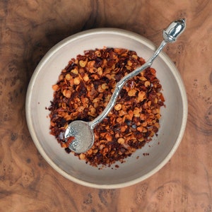 May include: A white ceramic bowl filled with red pepper flakes and a silver acorn-shaped spoon.
