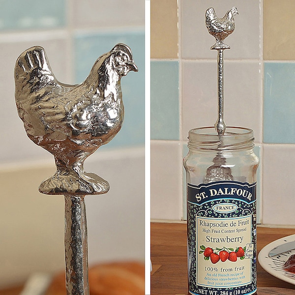 Cuillère en étain à confiture de poulet - Cuillère à gelée - Cadeaux pour les amateurs de poulet. La cuillère a un crochet pour l'accrocher au bocal - Cadeaux pour les amateurs de poulet -