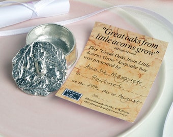 Oak Leaf and Acorn Personalised Pewter Christening Box - "Great oaks from little acorns grow", Engraved Christening Gifts For Girls and Boys