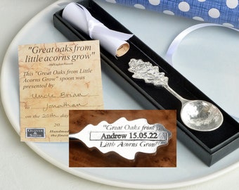 Oak Leaf Personalised Christening Spoon, "Great oaks from little acorns grow" Christening Gifts For Boys and Girls Engraved Naming Day Gifts