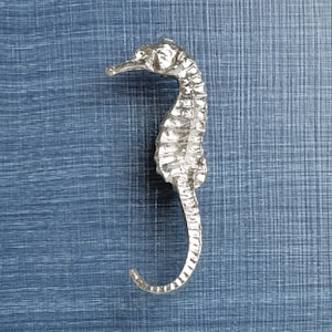 May include: A silver-coloured seahorse figurine with a detailed design. The figurine is standing upright on a blue textured background.