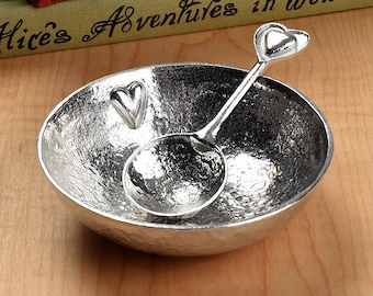 Handcrafted Pewter Heart Bowl & Spoon Set – 10th Anniversary Gift