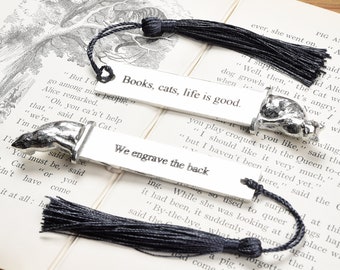 Gepersonaliseerde boekenlegger in de vorm van een kat van tin: gegraveerd cadeau voor boekenliefhebbers, handgemaakt cadeau voor boekenliefhebbers