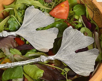 Ginkgo Leaf Pewter Salad Servers | Wedding Gifts | Housewarming Gifts | 10th Anniversary Gift | Tin Anniversary Gifts