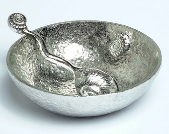 Ammonite Fossil Round Pewter Bowl and Spoon - 10 Year Anniversary gift | Tin Anniversary Gift | 10th Wedding Anniversary Gift | Tin Gifts