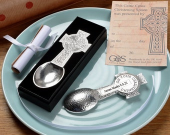 Personalised Celtic Cross Christening Spoon - Personalised Christening Gifts -  Engraved Pewter Christening Gifts for Boys and Girls