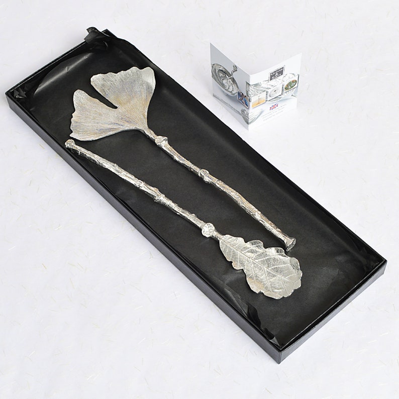 Oak Leaf and Ginkgo Leaf Pewter Salad Servers 10th Wedding Anniversary Gift 10 Year Anniversary Gift Tin Anniversary Gift image 3