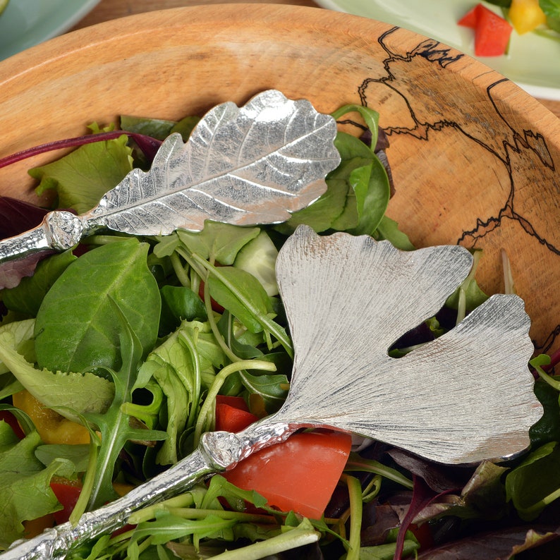 Oak Leaf and Ginkgo Leaf Pewter Salad Servers 10th Wedding Anniversary Gift 10 Year Anniversary Gift Tin Anniversary Gift image 2