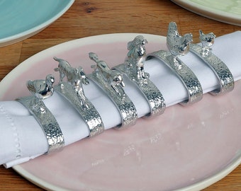 British Countryside English Pewter Animal Napkin Rings Set of 6 - Handmade Pewter Tableware - Housewarming Gifts