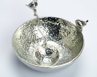 Bird Wren Robin Pewter Bowl and Matching Spoon - 10 Year Anniversary gift | Tin Anniversary Gift | 10th Wedding Anniversary Gift