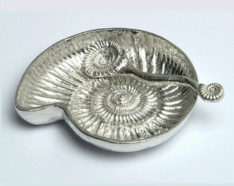 Ammonite Fossil Pewter Bowl and Spoon - 10 Year Anniversary gift | Tin Anniversary Gift | 10th Wedding Anniversary Gift | Fossil Gifts