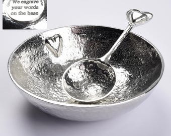 Personalised Pewter Heart Bowl & Spoon Set - 10th Tin Anniversary Gift