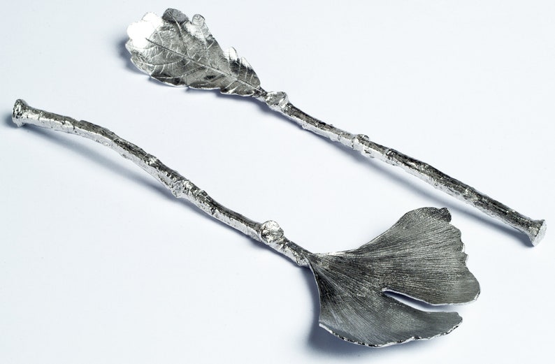 Oak Leaf and Ginkgo Leaf Pewter Salad Servers 10th Wedding Anniversary Gift 10 Year Anniversary Gift Tin Anniversary Gift image 4