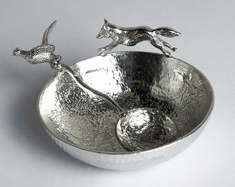 Fox Pewter Bowl and Pheasant Spoon - 10 Year Anniversary gift | Tin Anniversary Gift | 10th Wedding Anniversary Gift | Tin Gifts