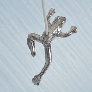 May include: A silver frog figurine hanging from a white string. The frog is posed with its legs outstretched and its head tilted back.