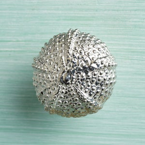 May include: A silver-coloured sea urchin ornament with a textured surface. The ornament is round and has a spiky design.