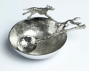 Fox and Hound Pewter Bowl and Spoon - 10 Year Anniversary gift | Tin Anniversary Gift | 10th Wedding Anniversary Gift | Tin Gifts