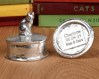 Cat Personalized Pewter Trinket Box - Gifts For Cat Lovers - Cat Gifts - Engraved Presents For Cat Lovers - Tin Anniversary Gifts