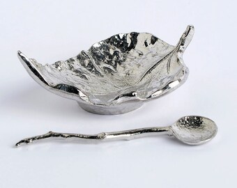 Pewter Leaf Bowl & Spoon Set – 10 Year Anniversary Gift