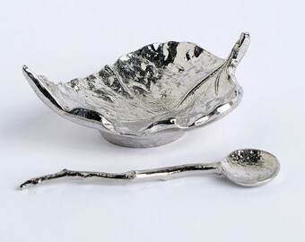 Pewter Leaf Bowl and Spoon - 10 Year Anniversary gift | Tin Anniversary Gift | Housewarming Gifts