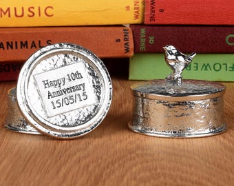 Personalised Wren Pewter Box: 10th Anniversary Tin Gift