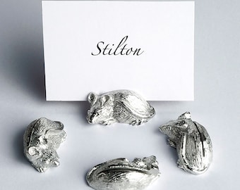 Mouse Cheese Markers, Pewter Mouse Card Holders