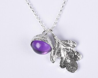Amethyst Acorn & Oakleaf Pewter Necklace: February Birthstone Gifts For Her