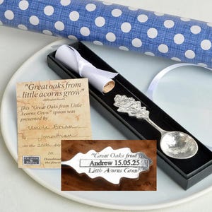 Christening Gifts - Oak Leaf Personalised Christening Spoon, Great Oaks From Little Acorns Grow, Engraved Naming Day Gifts