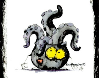 Octopus Illustration Print, MonsterMini Painting, Cauldron Illustration, Not Vegan Food Doodle, Funny Gloomy Character, Tentacles, Pot