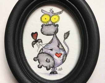 Cow Original Mini Painting, Framed Original Cow Illustration, Farm Animal Original Doodle, Whimsical Cow, Hand-painted Oval Frame, Moo