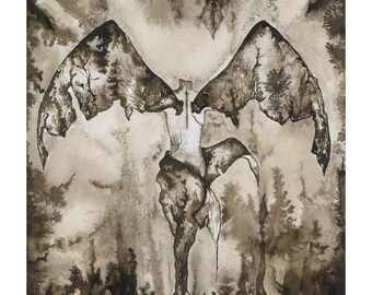 Dark Angel Gemälde, Schwarz Weiss Aquarell Engel Fine Art Print, Sepia Tinte Dark Wings Illustration, Gothic Kunstwerk, 18x24,5 cm.