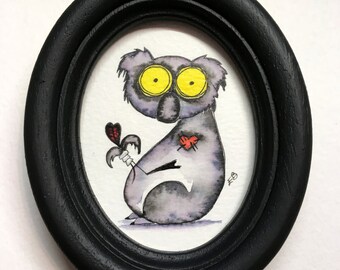 Koala Original Mini Painting, Framed Original Koala Illustration, Australian Animal Original Doodle, Whimsical Marsupial, Hand-painted Frame