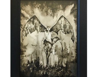 Original Painting "Angel With Scabbed Wings", Angel Black and White Illustration, Dark Angel Painting, Dark Soul Illustration, Gothic Angel