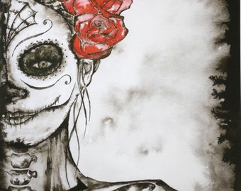 Peinture de crâne de sucre, art de goth, Illustration de Dia De Los Muertos, portrait de fille de B-W, illustration de crâne de sucre, impression d'art sombre, roses rouges