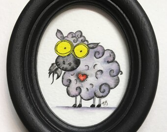 Sheep Original Mini Painting, Framed Original Sheep Illustration, Farm Animal Original Doodle, Whimsical Sheep, Hand-painted Oval Frame