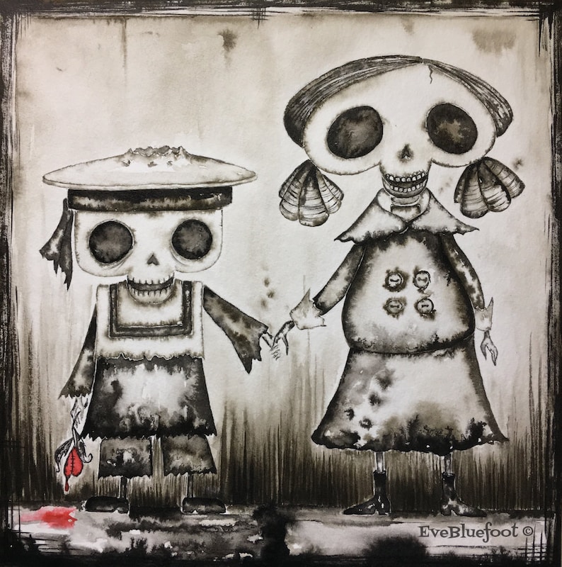 K&ouml;nnte beinhalten: Schwarzwei&szlig;es Aquarellbild von zwei Skelettkindern, die sich an den H&auml;nden halten. Das M&auml;dchen tr&auml;gt ein Kleid und hat Muscheln im Haar. Der Junge tr&auml;gt ein Matrosenoutfit und hat eine rote Blume in der Hand.