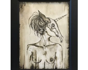 Portrait of a Unicorn, Unicorn Black and White Illustration, Naked Woman Painting, Dark Soul Illustration, Gothic Unicorn, Unicorn Mask