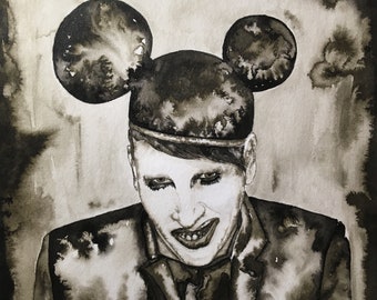 Marilyn Manson Portrait, Original Painting, Marilyn Manson Painting, Rock Star Portrait, Mickey Mouse Ears, Gloomy Art, Goth Art