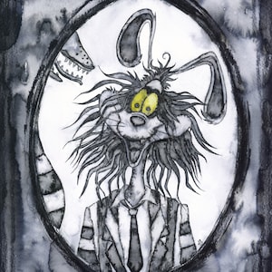 Roger Rabbit Illustration Fine Art Print, Roger Rabbit Painting, Gloomy Art, Black & White Watercolor Portrait, Movie Character, Beetlejuice image 1