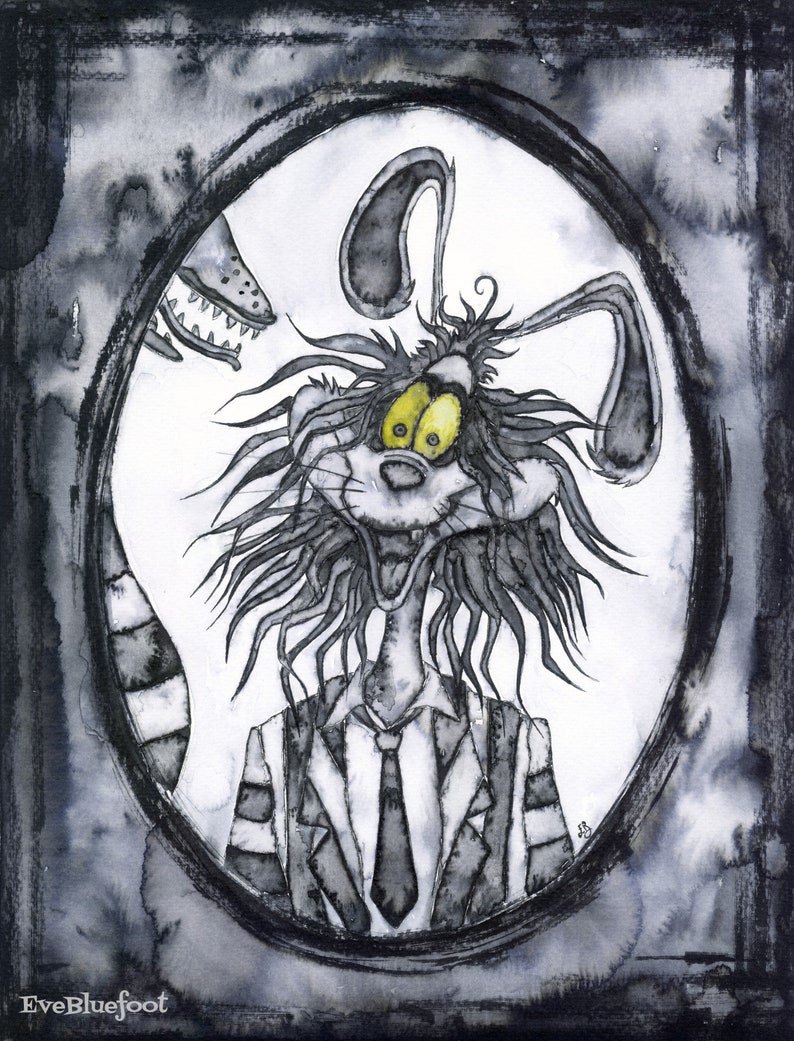 Roger Rabbit Illustration Fine Art Print, Roger Rabbit Painting, Gloomy Art, Black & White Watercolor Portrait, Movie Character, Beetlejuice image 1