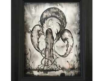 Original Painting ghosts and Monsters, Black and White Illustration, Gloomy Art, Dark Soul Painting,