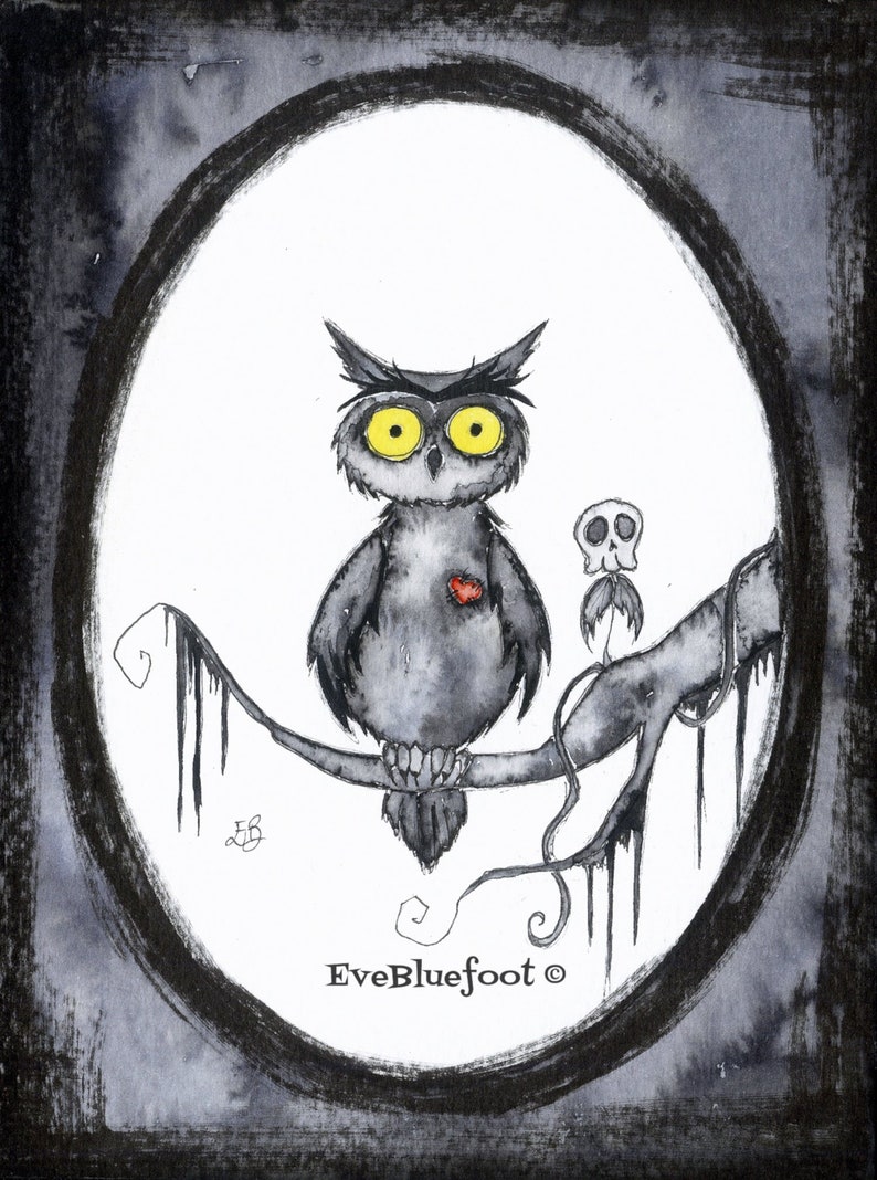 Owl Illustration Print, Dark Owl Mini Painting, Nocturne Animal Illustration, Goth Art Illustration, Cute Bird, Halloween Art image 1