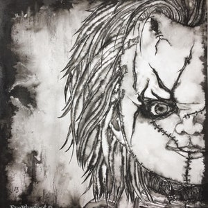Chucky Illustration Fine Art Print, Chucky Close Up Painting, Gloomy Art, Black and White Watercolor Portrait, Killer Doll, Movie Character