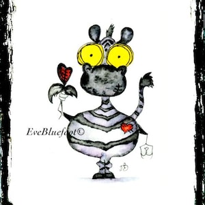 Pode incluir: Uma ilustração em aquarela de uma zebra com grandes olhos amarelos segurando uma flor vermelha em forma de coração. A zebra está vestindo uma roupa listrada preta e branca e tem um coração vermelho no peito. A ilustração é assinada "EveBluefoot©".