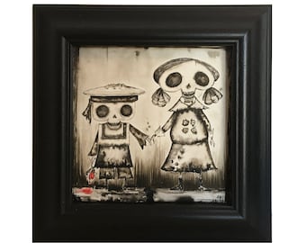 Tim Burton Skeleton Kids Original Painting , Skeleton Boy, Skeleton Girl, Dark Art, Corpse Bride Illustration, Skeleton Painting, Gloomy Art