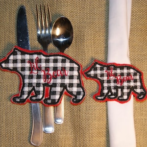 Bear Family Plaid Silverware Holder and Napkin Rings Embroidery Digital Design 2 Sizes