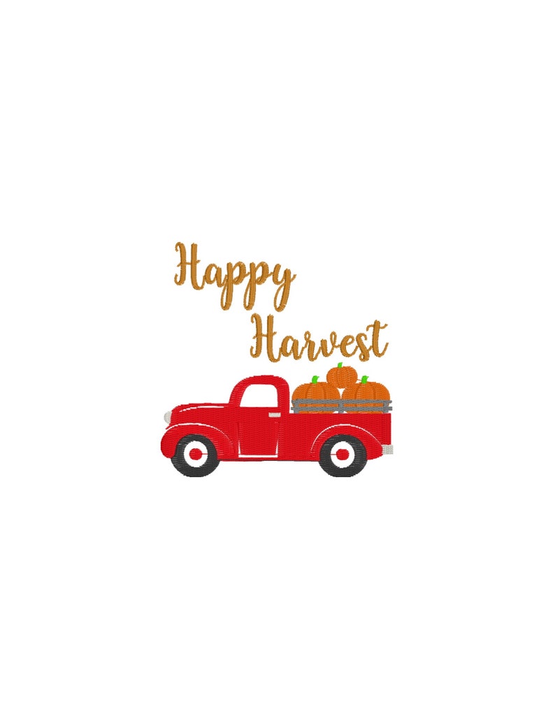 May include: A red vintage pickup truck with a wooden bed carrying three orange pumpkins. The text "Happy Harvest" is written in gold above the truck.